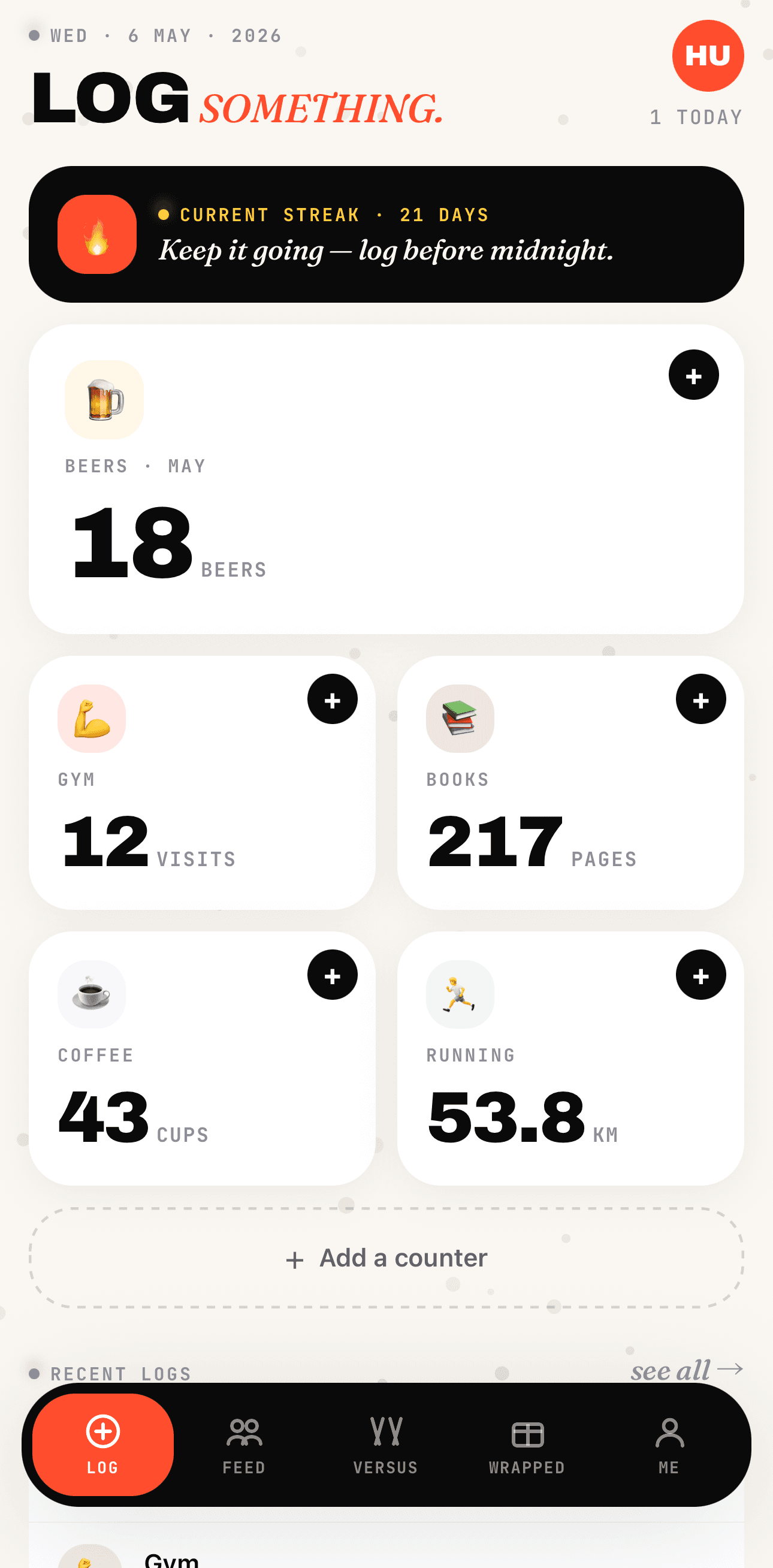 Wrapped Things — Log screen showing counters for beers, pages, coffee, and books
