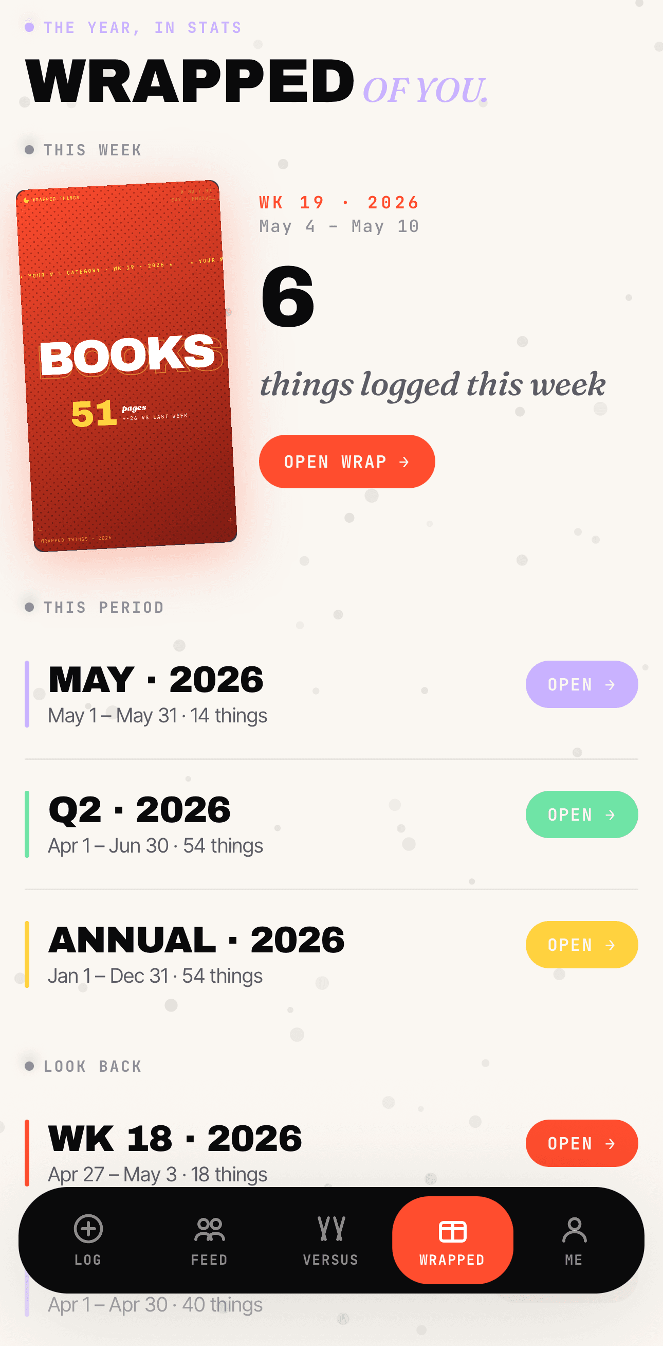Wrapped Things — Wrap screen showing a year-in-review reveal card