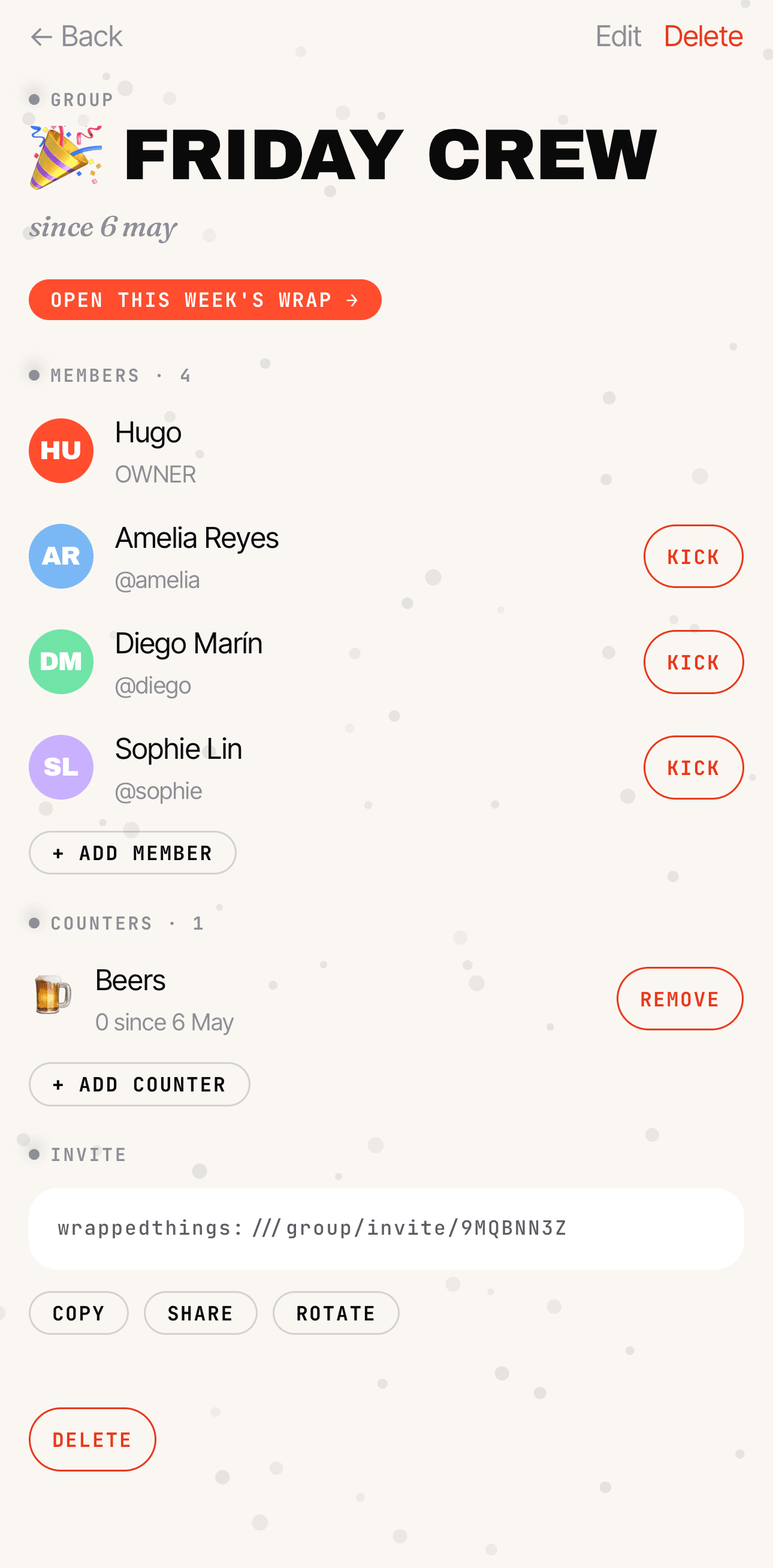Wrapped Things — Group screen showing a shared crew with counters and members